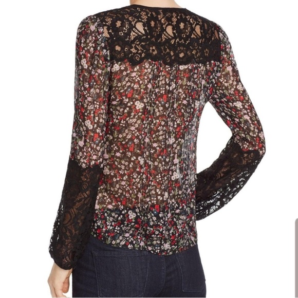 Rebecca Taylor ‘Lyra’ Red Floral Black Lace Pintuck Silk Blouse Women’s Size 00 - Picture 2 of 15